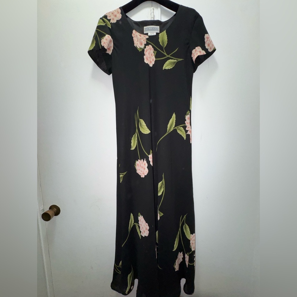 VTG Jessica Howard Black Floral Ruffle Trim Whimsigoth Y2K Bias Cut Maxi Dress